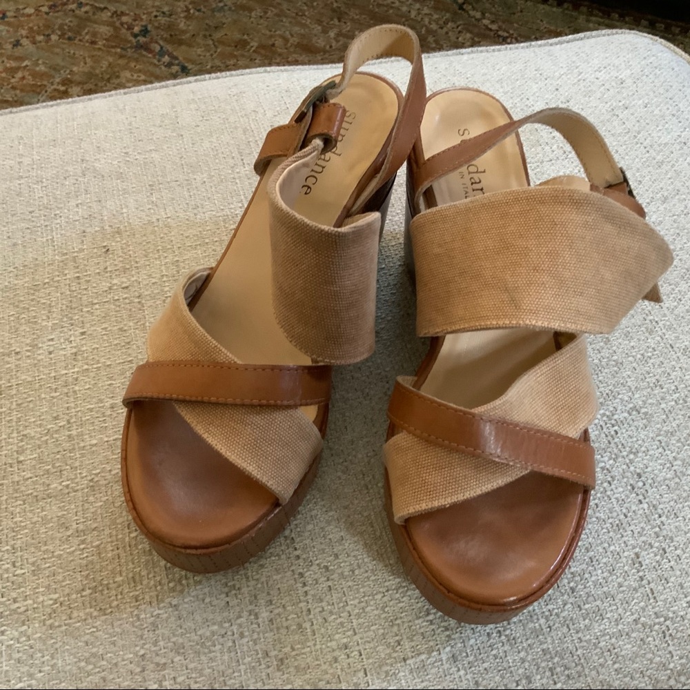 Sundance Italian leather/ canvas wedge sandals